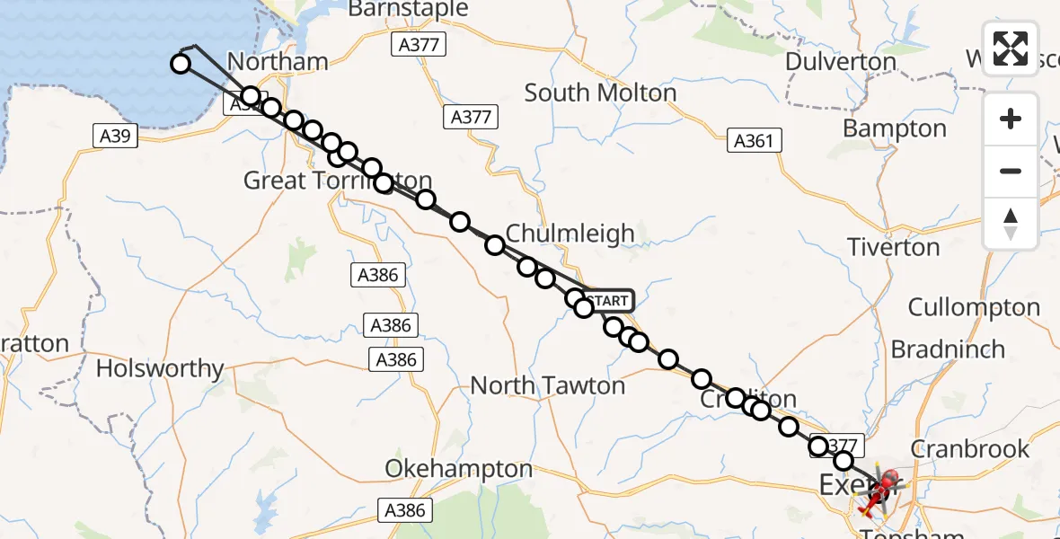 Flight route Air Ambulance Helicopter Lapford - Royal Devon & Exeter Hospital, 21 May 2026, 18:06