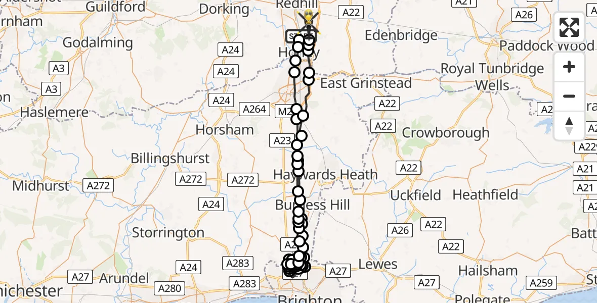 Flight route Police Helicopter Salfords - Tandridge, 21 May 2026, 18:42