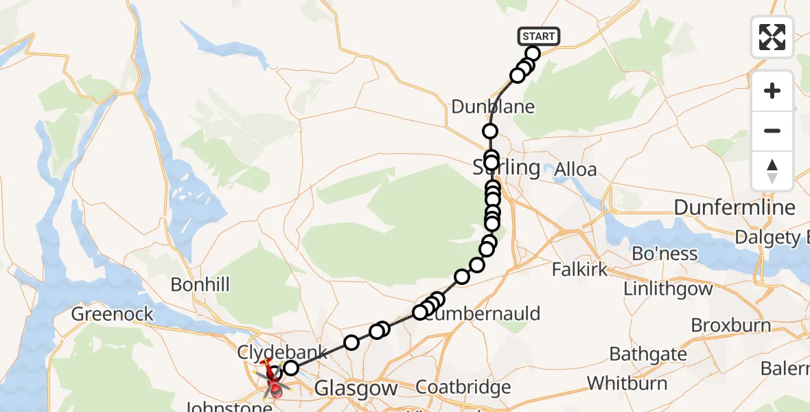 Flight route Air Ambulance Helicopter Braco - Glasgow Airport, 21 May 2026, 18:48