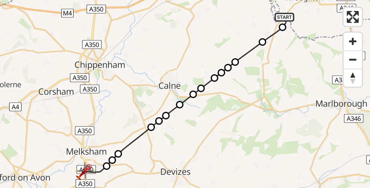 Flight route Air Ambulance Helicopter Wroughton - Melksham, 21 May 2026, 18:51