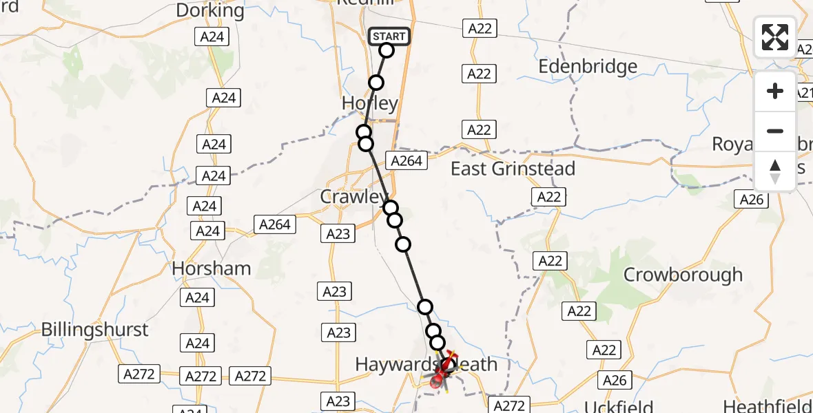 Flight route Air Ambulance Helicopter Redhill Aerodrome - Haywards Heath, 21 May 2026, 18:58