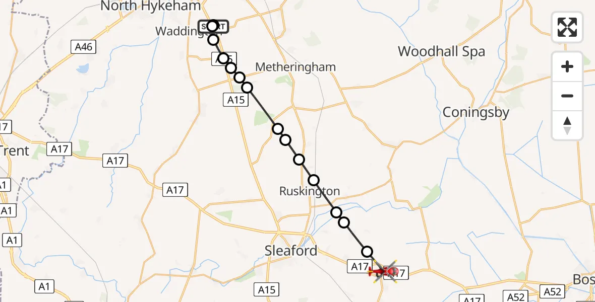 Flight route Air Ambulance Helicopter RAF Waddington - Heckington, 21 May 2026, 18:59
