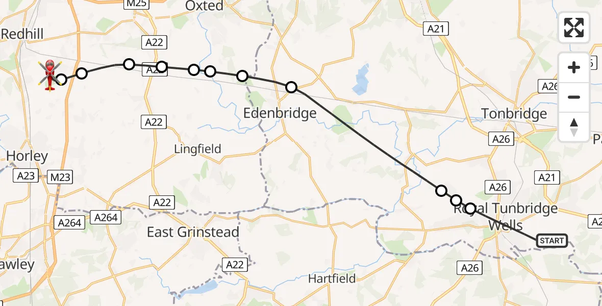 Flight route Air Ambulance Helicopter Royal Tunbridge Wells - Redhill Aerodrome, 21 May 2026, 19:01