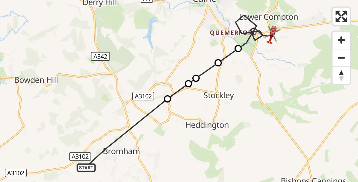 Flight route Air Ambulance Helicopter Bromham - Lower Compton, 21 May 2026, 19:02