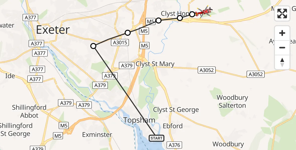 Flight route Air Ambulance Helicopter Topsham - Exeter International Airport, 21 May 2026, 19:03