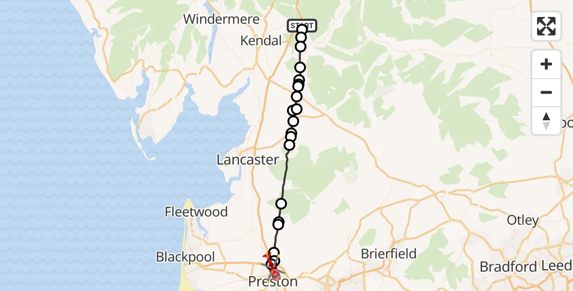 Flight route Air Ambulance Helicopter Grayrigg - Preston, 21 May 2026, 19:04