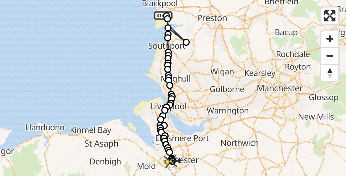 Flight route Police Helicopter Blackpool Airport - Hawarden Airport, 21 May 2026, 19:17