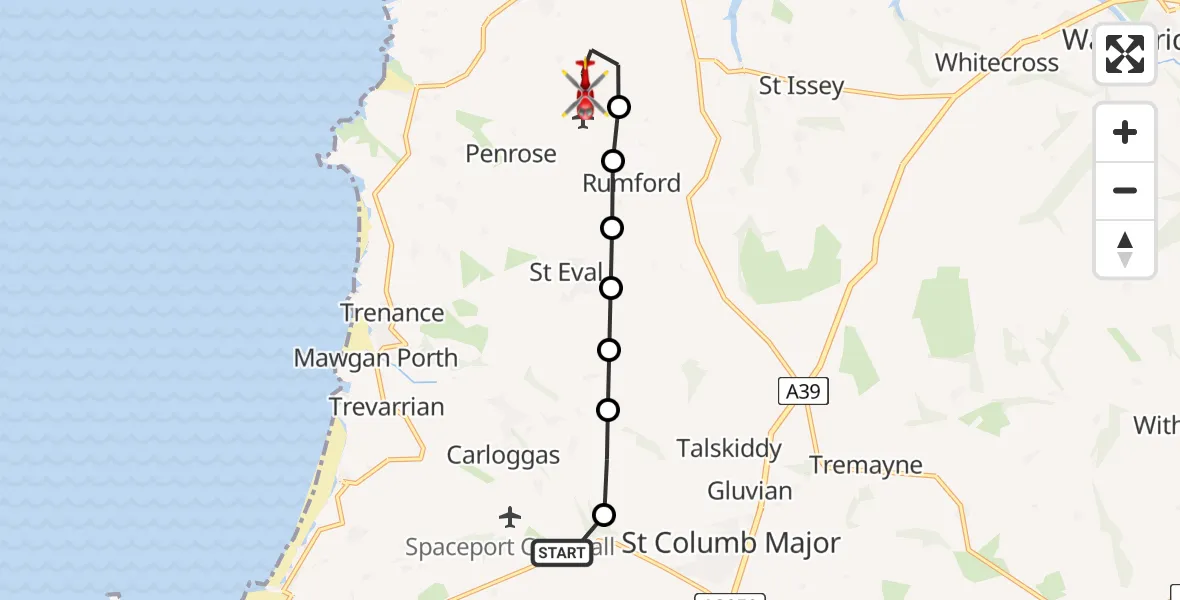 Flight route Air Ambulance Helicopter Cornwall Airport Newquay - St. Merryn, 21 May 2026, 19:49