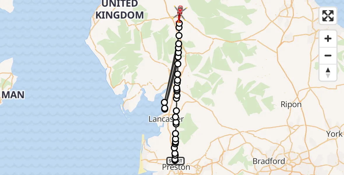 Flight route Air Ambulance Helicopter Broughton - Edenhall, 21 May 2026, 19:49