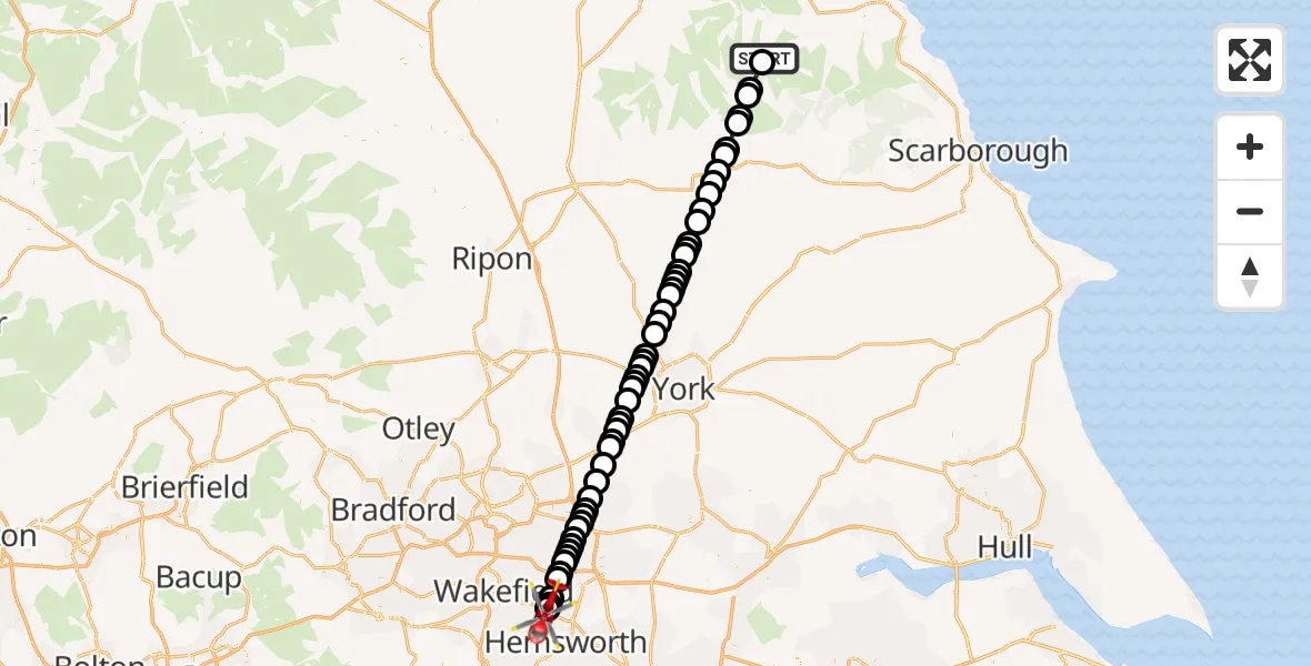 Flight route Air Ambulance Helicopter Glaisdale - YAA Nostell Helicopter Port, 21 May 2026, 19:51