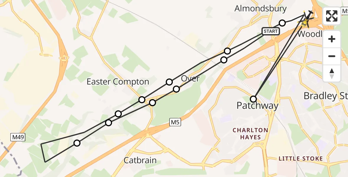 Flight route Police Helicopter Almondsbury - Almondsbury Helicopter Base, 21 May 2026, 19:52