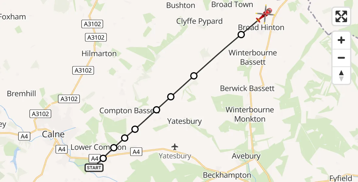 Flight route Air Ambulance Helicopter Calne - Broad Hinton, 21 May 2026, 19:54