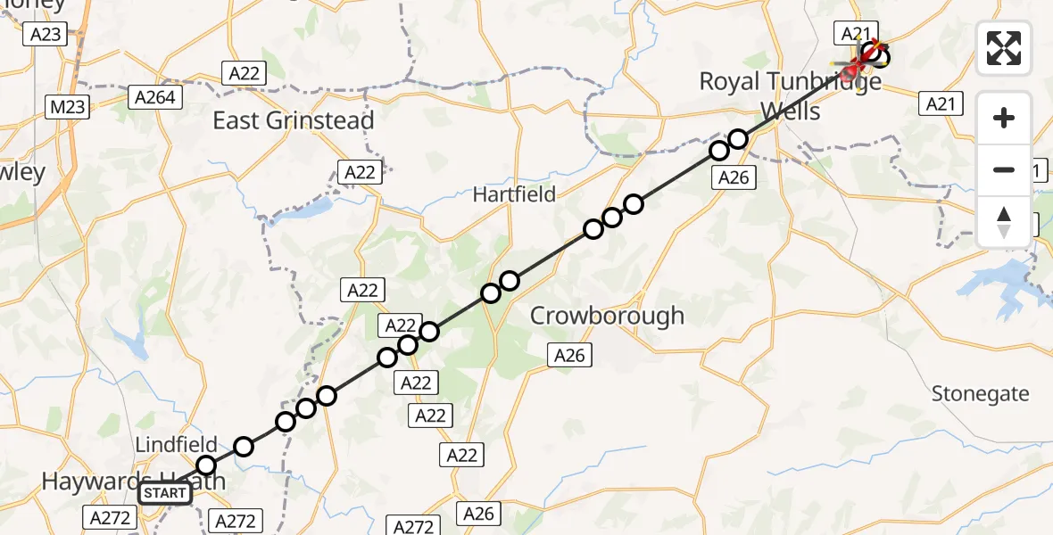 Flight route Air Ambulance Helicopter Haywards Heath - Tunbridge Wells Hospital Heliport, 21 May 2026, 19:56