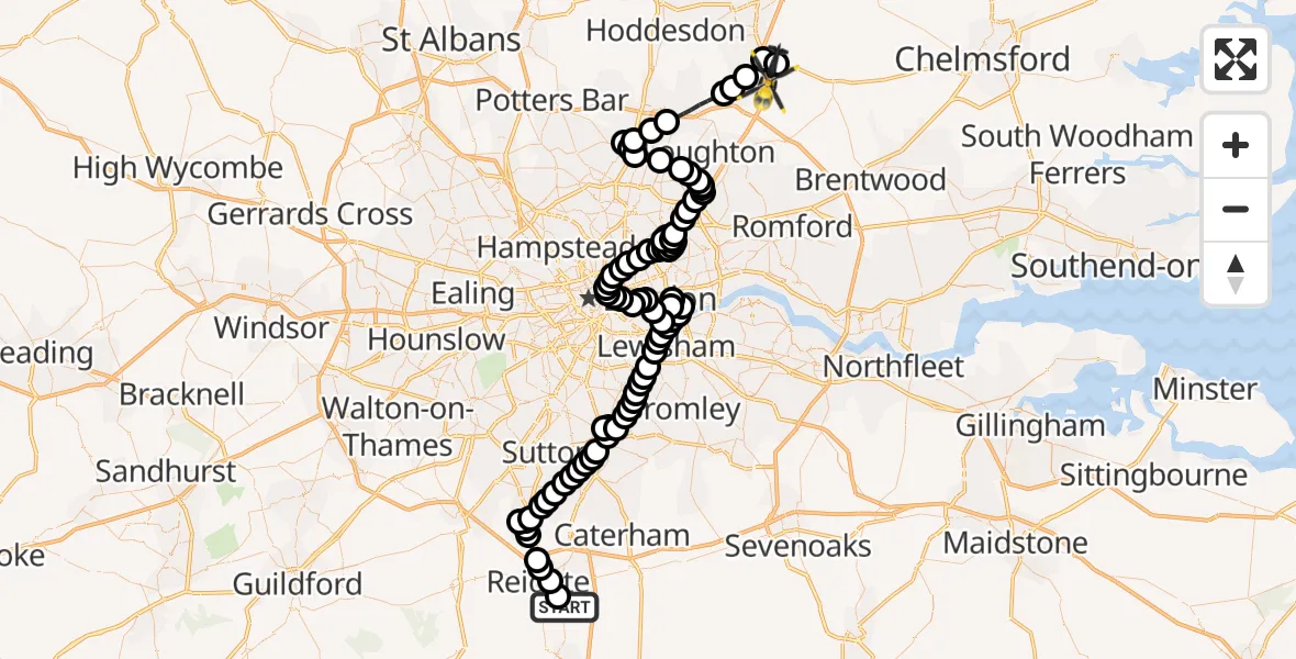 Flight route Police Helicopter Salfords - North Weald Airfield, 21 May 2026, 20:00