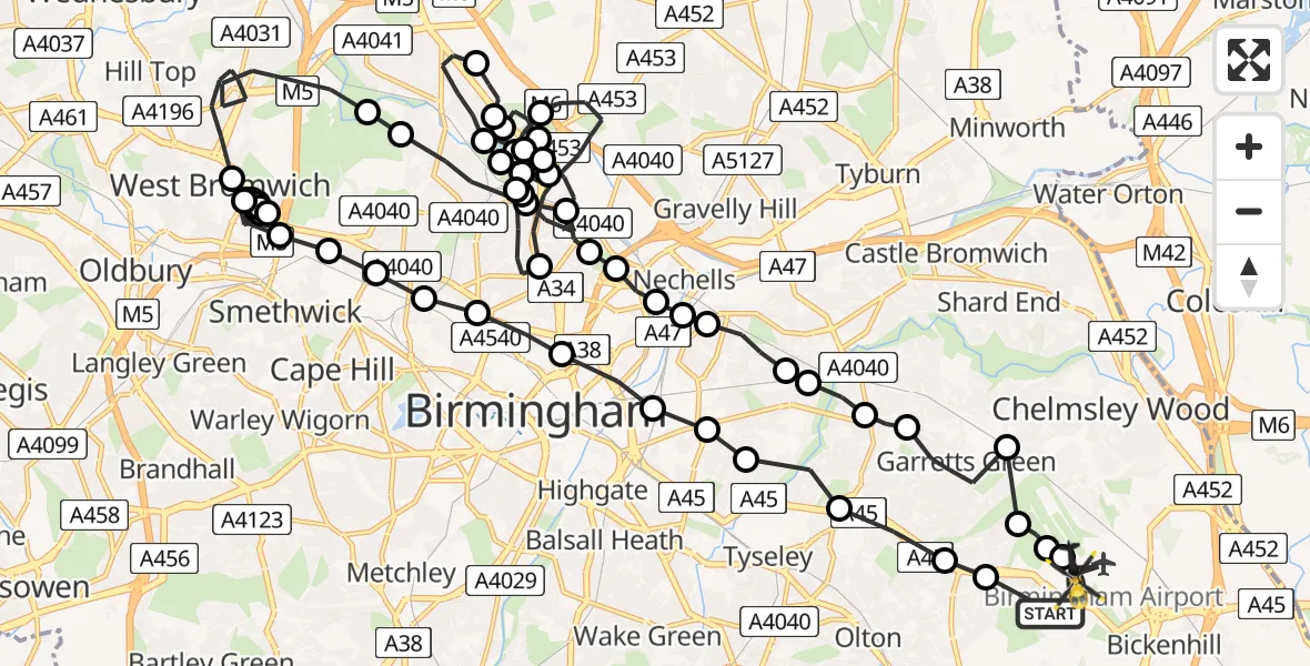 Flight route Police Helicopter Birmingham Airport - Birmingham Airport, 21 May 2026, 20:05