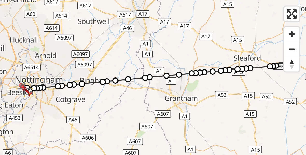 Flight route Air Ambulance Helicopter Heckington - Beeston, 21 May 2026, 20:09