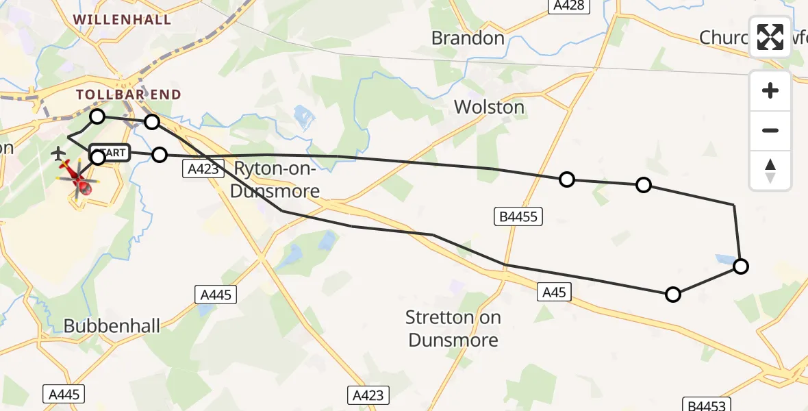 Flight route Air Ambulance Helicopter Coventry Airport - Coventry Airport, 21 May 2026, 20:11