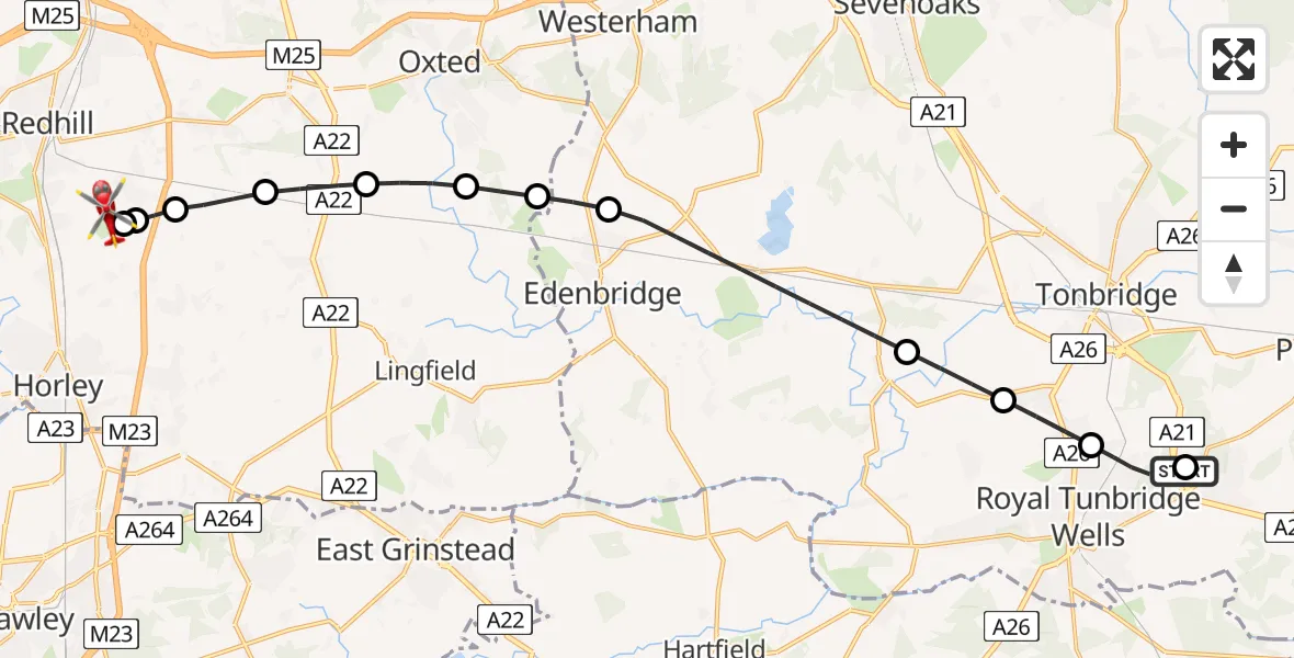 Flight route Air Ambulance Helicopter Tunbridge Wells Hospital Heliport - Redhill Aerodrome, 21 May 2026, 20:14