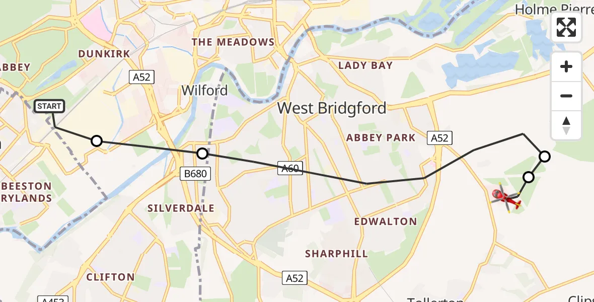 Flight route Air Ambulance Helicopter Beeston - Nottingham City Airport, 21 May 2026, 20:41