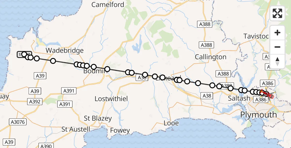 Flight route Air Ambulance Helicopter St. Merryn - Derriford Hospital, 21 May 2026, 20:58