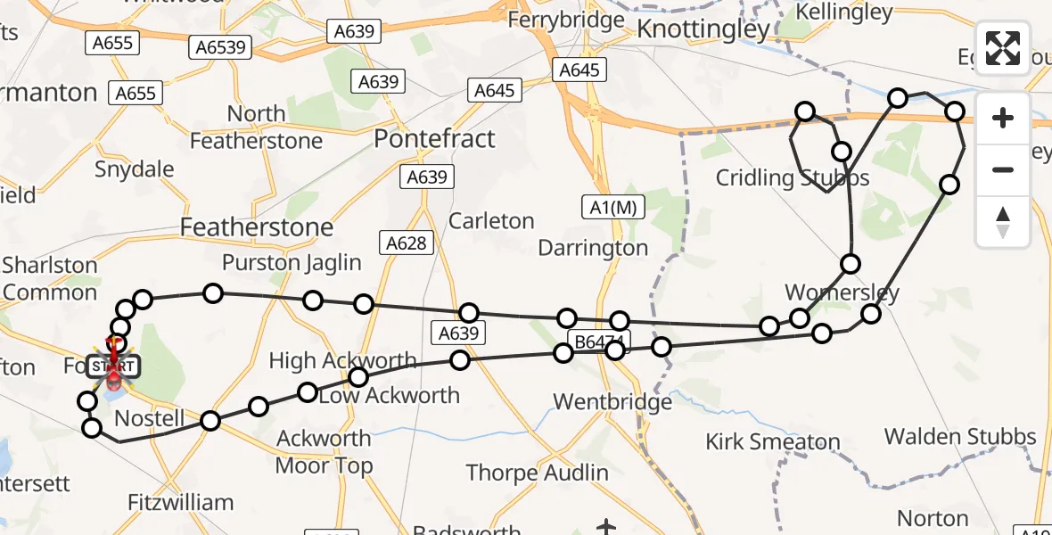 Flight route Air Ambulance Helicopter YAA Nostell Helicopter Port - YAA Nostell Helicopter Port, 21 May 2026, 21:14