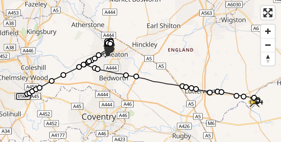 Flight route Police Helicopter Birmingham Airport - Harborough, 21 May 2026, 21:17