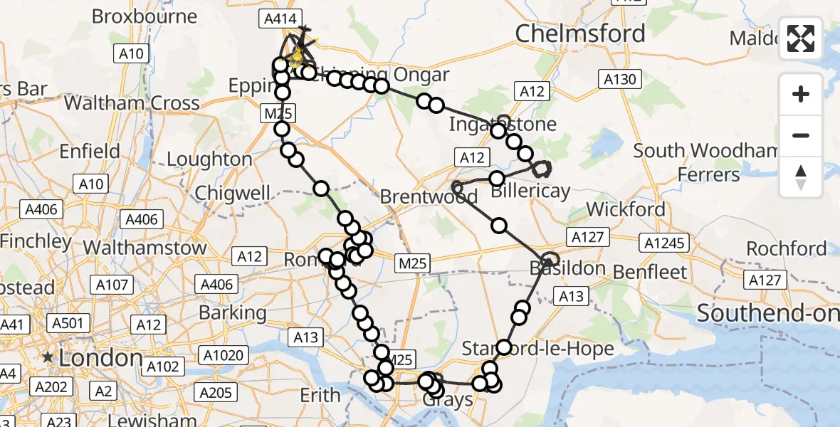 Flight route Police Helicopter North Weald Airfield - North Weald Airfield, 21 May 2026, 21:22