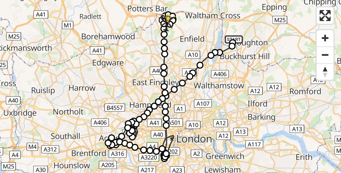 Flight route Police Helicopter Metropolitan Police Air Support Unit Lippitts Hill - Enfield, 21 May 2026, 21:29