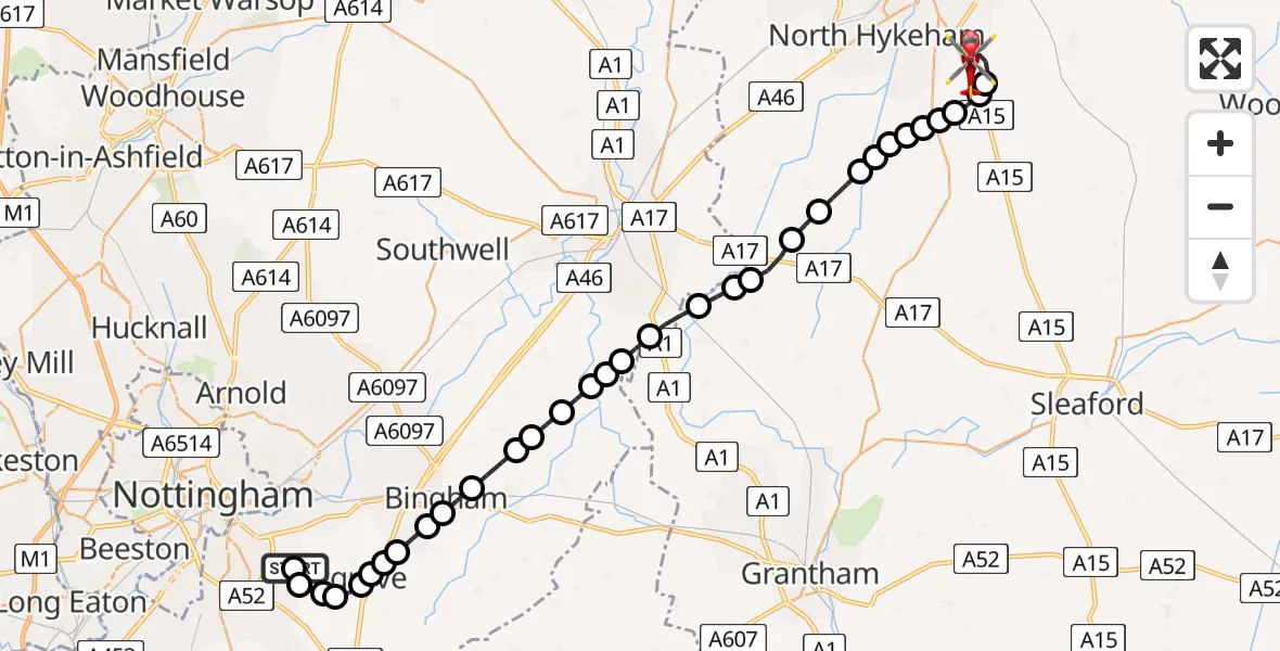 Flight route Air Ambulance Helicopter Nottingham City Airport - North Kesteven, 21 May 2026, 21:31
