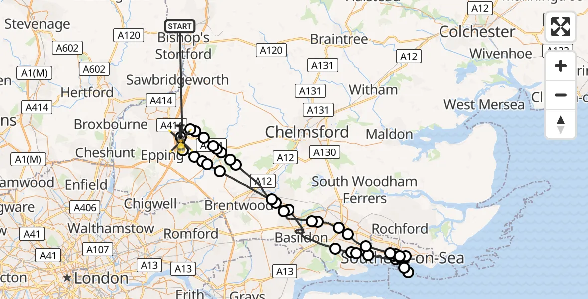 Flight route Police Helicopter Farnham - North Weald Airfield, 21 May 2026, 21:43