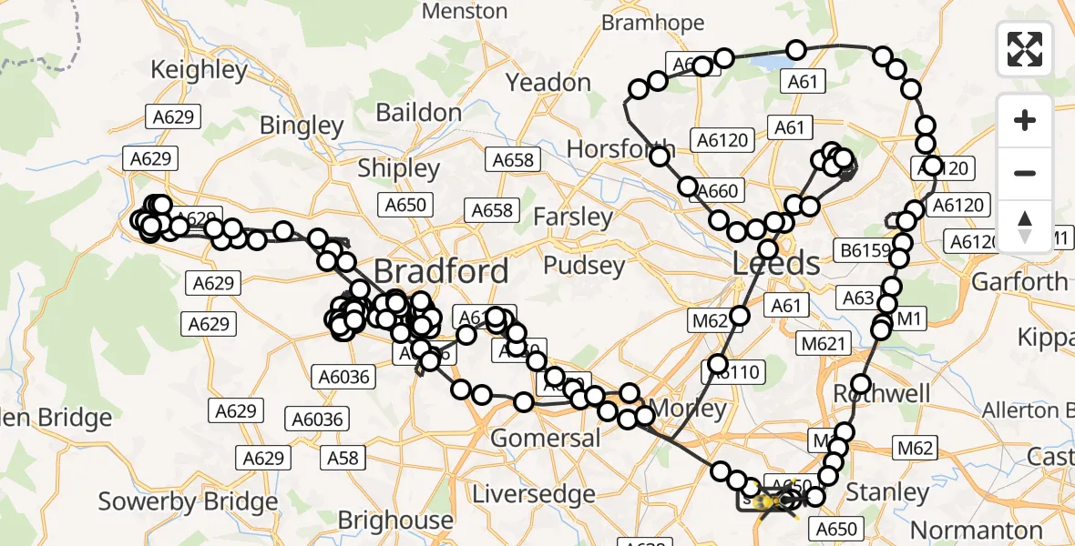 Flight route Police Helicopter East Ardsley - Brandy Carr, 21 May 2026, 21:43