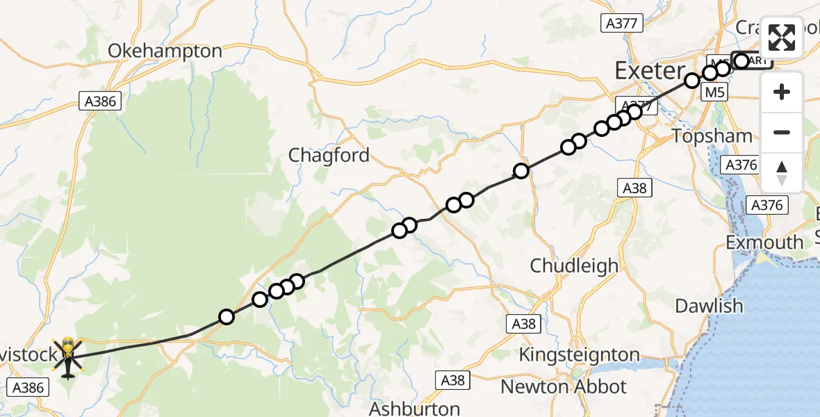 Flight route Police Helicopter Exeter International Airport - West Devon, 21 May 2026, 21:48