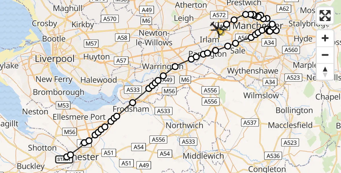 Flight route Police Helicopter Hawarden Airport - Manchester Barton Aerodrome, 21 May 2026, 21:53