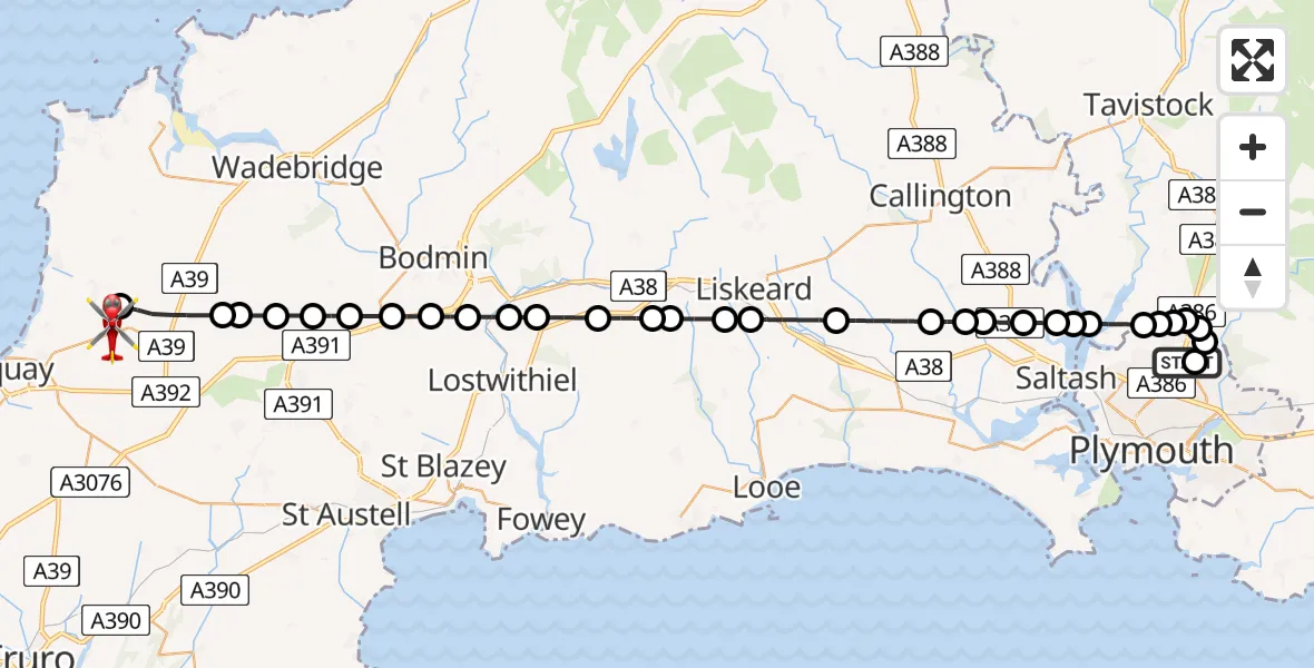 Flight route Air Ambulance Helicopter Derriford Hospital - Cornwall Airport Newquay, 21 May 2026, 21:57