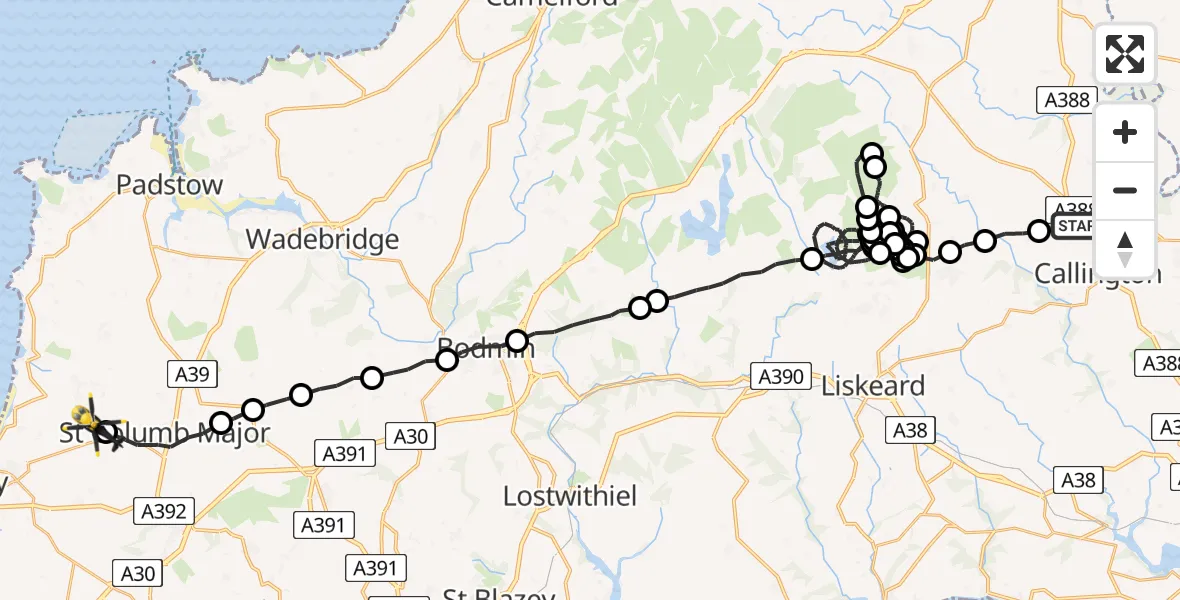 Flight route Police Helicopter Kelly Bray - Cornwall Airport Newquay, 21 May 2026, 22:07