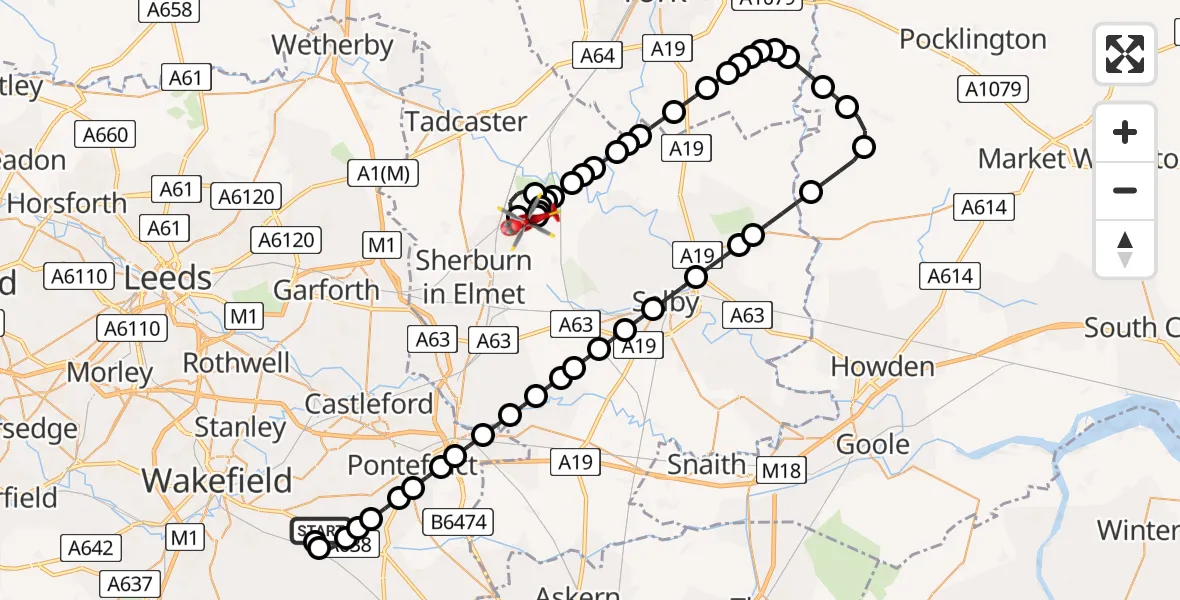 Flight route Air Ambulance Helicopter YAA Nostell Helicopter Port - Leeds East Airport, 21 May 2026, 22:09