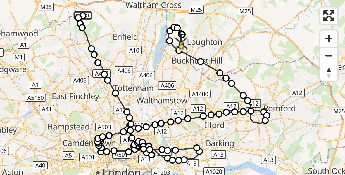Flight route Police Helicopter Enfield - Sewardstonebury, 21 May 2026, 22:13