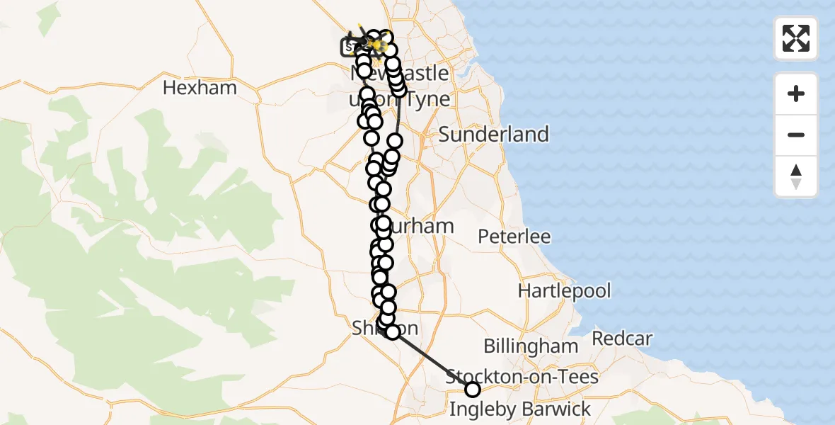 Flight route Police Helicopter Newcastle International Airport - Newcastle International Airport, 21 May 2026, 22:19