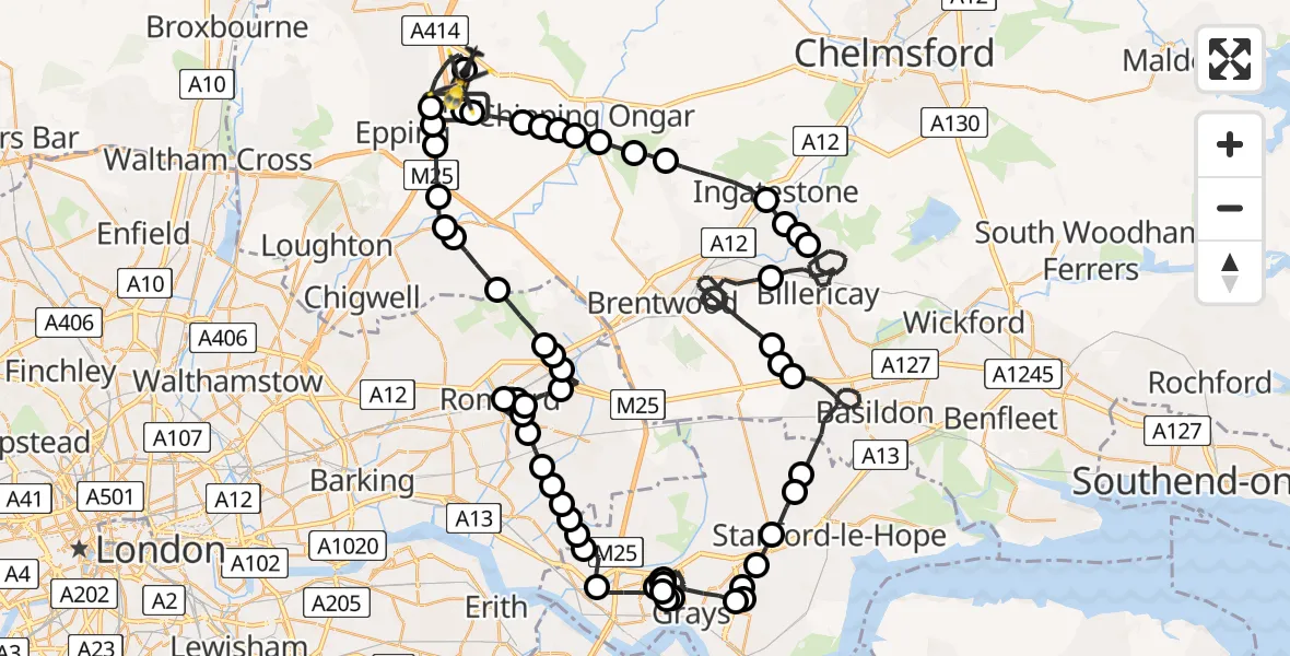 Flight route Police Helicopter North Weald Airfield - North Weald Airfield, 21 May 2026, 22:19