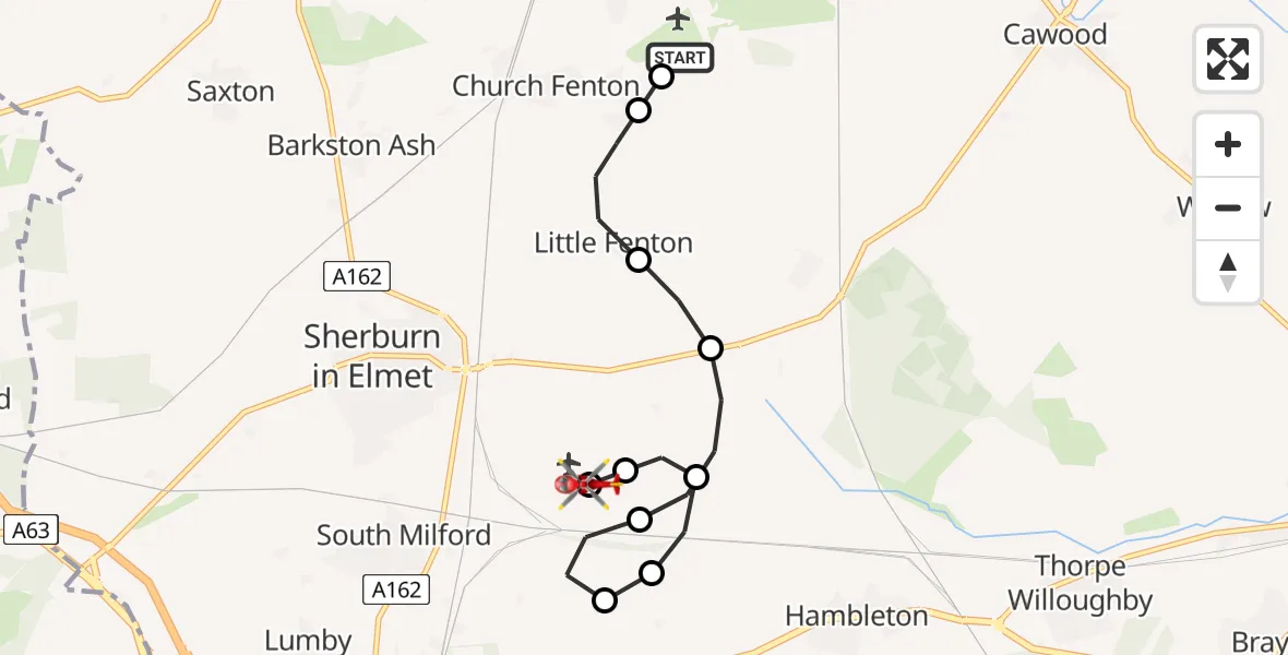 Flight route Air Ambulance Helicopter Leeds East Airport - Sherburn-in-Elmet Airfield, 21 May 2026, 22:35