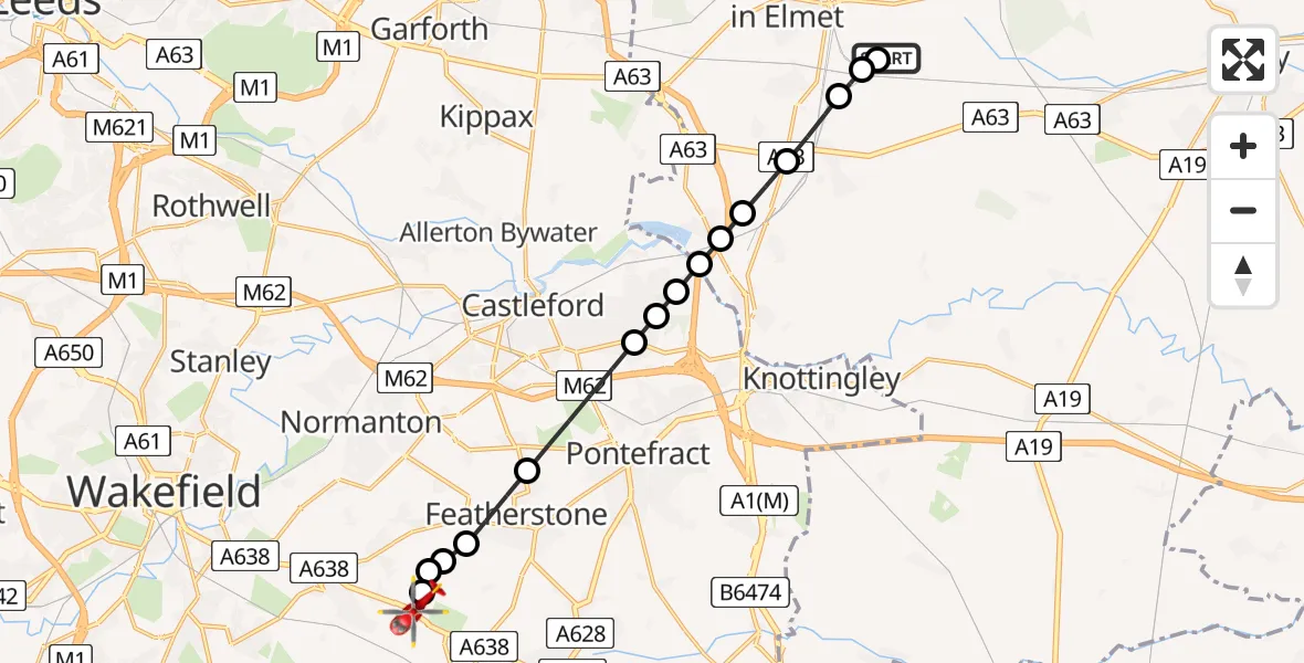 Flight route Air Ambulance Helicopter Sherburn-in-Elmet Airfield - YAA Nostell Helicopter Port, 21 May 2026, 22:41