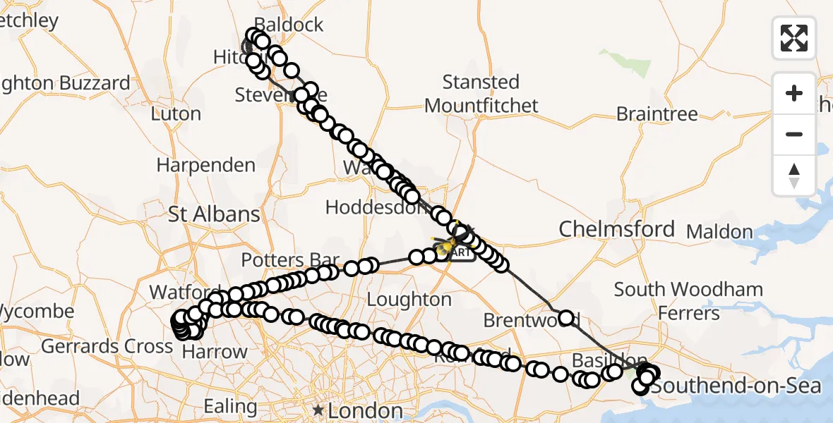 Flight route Police Helicopter Coopersale - North Weald Airfield, 21 May 2026, 23:01