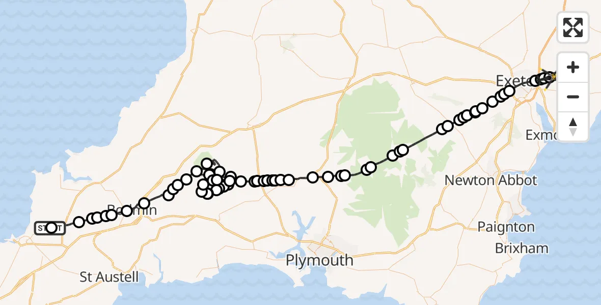 Flight route Police Helicopter Cornwall Airport Newquay - Exeter International Airport, 21 May 2026, 23:30