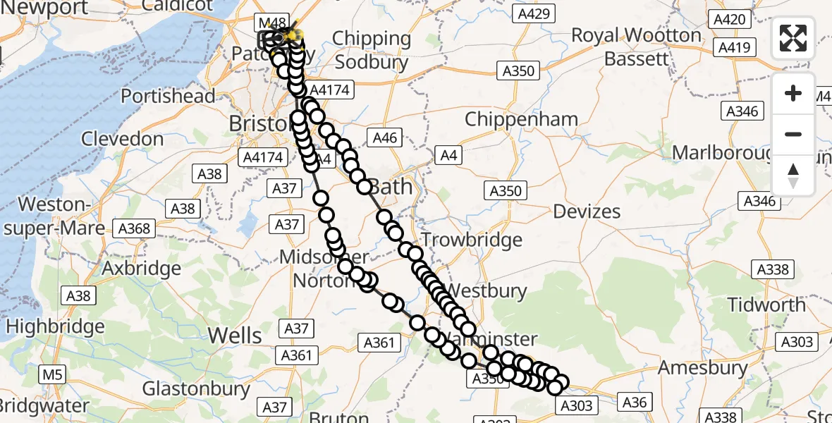 Flight route Police Helicopter Almondsbury Helicopter Base - Almondsbury Helicopter Base, 21 May 2026, 23:33