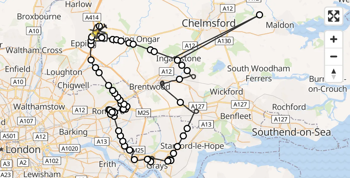 Flight route Police Helicopter North Weald Airfield - North Weald Airfield, 21 May 2026, 23:39