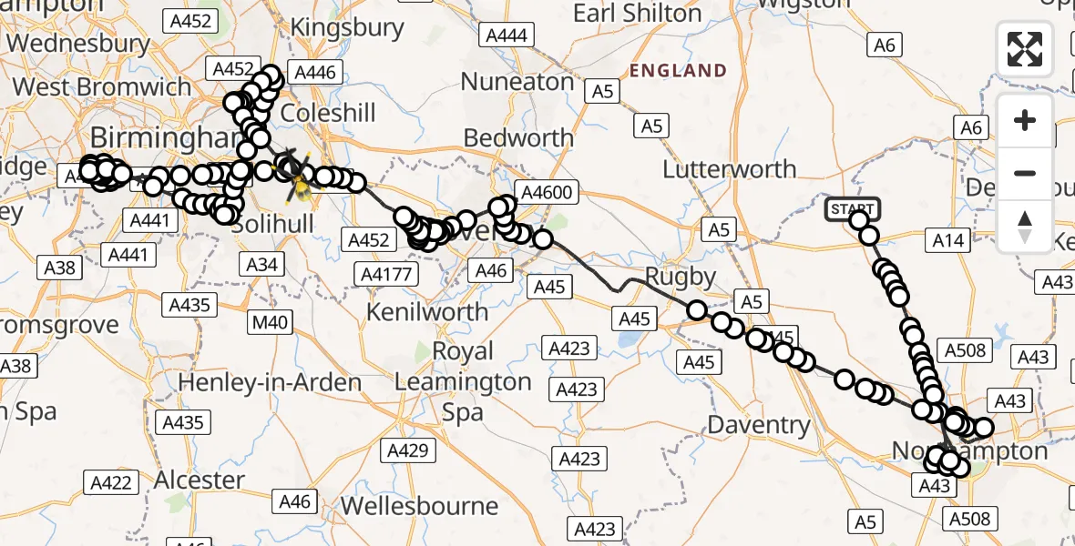 Flight route Police Helicopter Welford - Birmingham Airport, 21 May 2026, 23:41