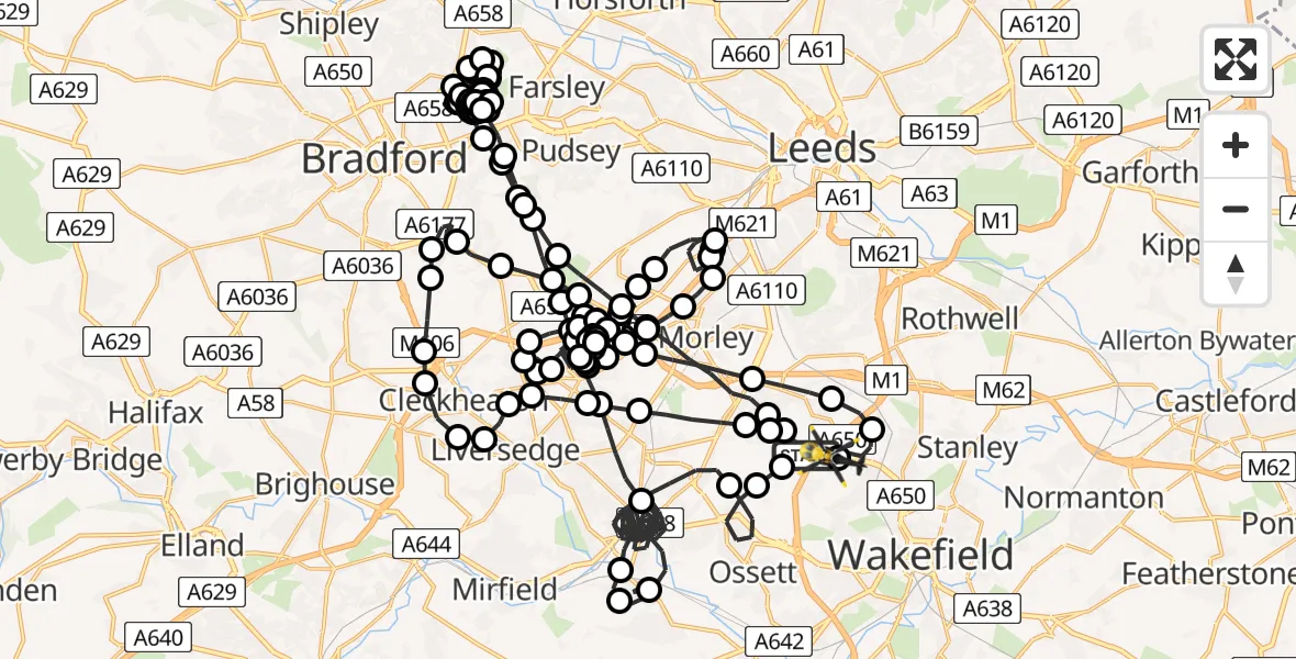 Flight route Police Helicopter East Ardsley - Brandy Carr, 21 May 2026, 23:56