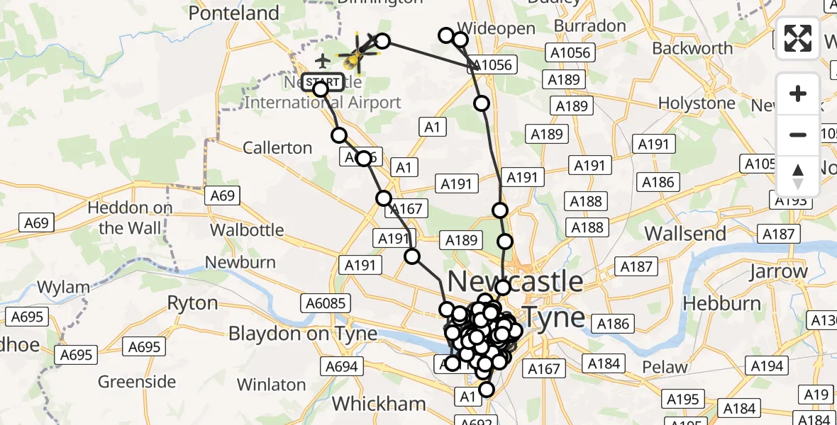 Flight route Police Helicopter Newcastle International Airport - Newcastle International Airport, 21 May 2026, 23:57