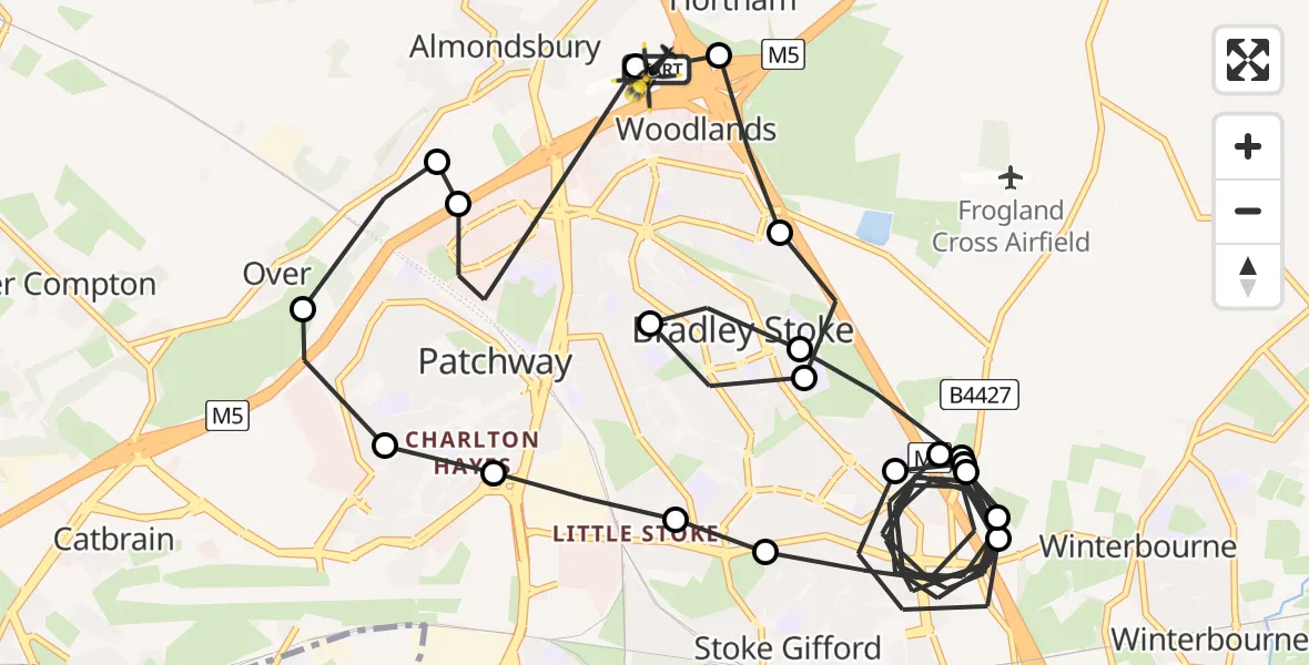 Flight route Police Helicopter Almondsbury Helicopter Base - Almondsbury Helicopter Base, 22 May 2026, 00:16