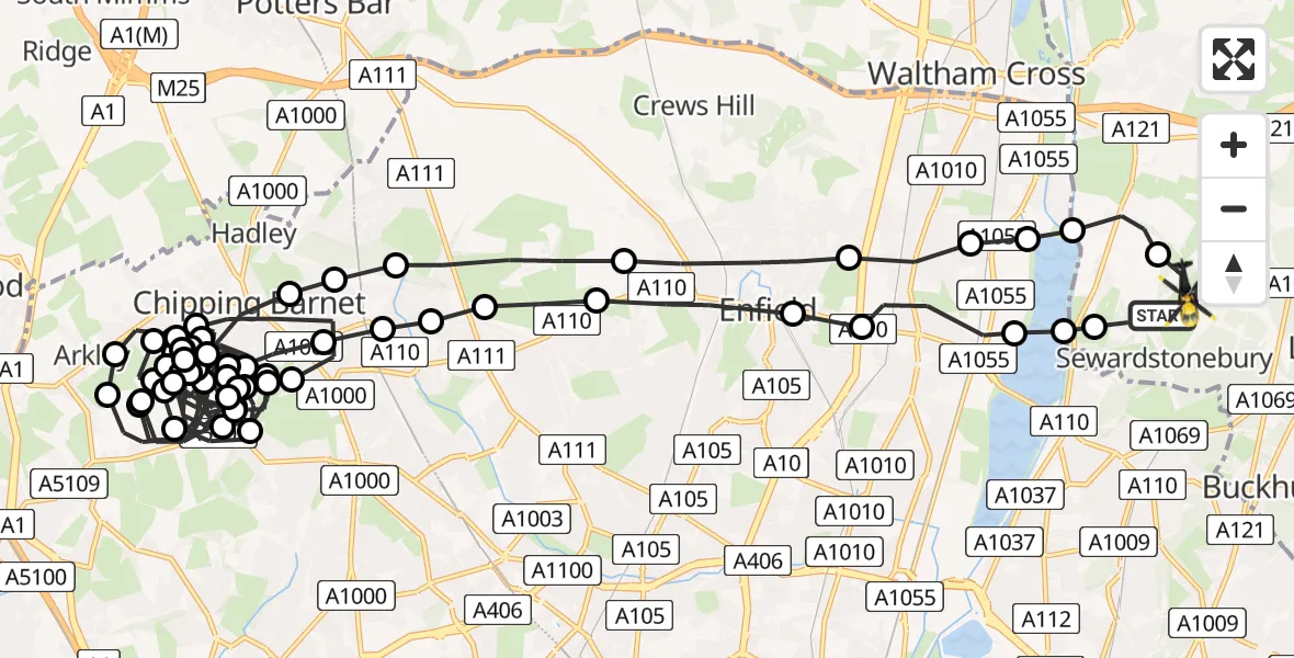 Flight route Police Helicopter Sewardstonebury - Metropolitan Police Air Support Unit Lippitts Hill, 22 May 2026, 02:56